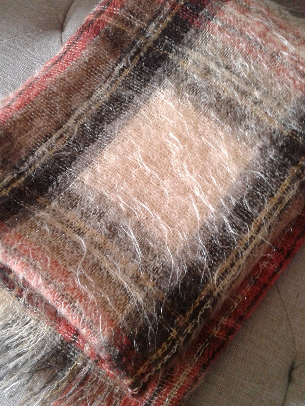 VTG Hudson's Bay Scottish Plaid 100% Mohair Throw in Cream, Brown, and Red